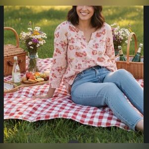 Lands End Linen Tunic Peach Pink Floral Women’s Size 12  3/4 Sleeve Office Boho